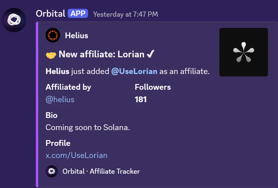 A new affiliate alert in the Affiliate Tracker channel
