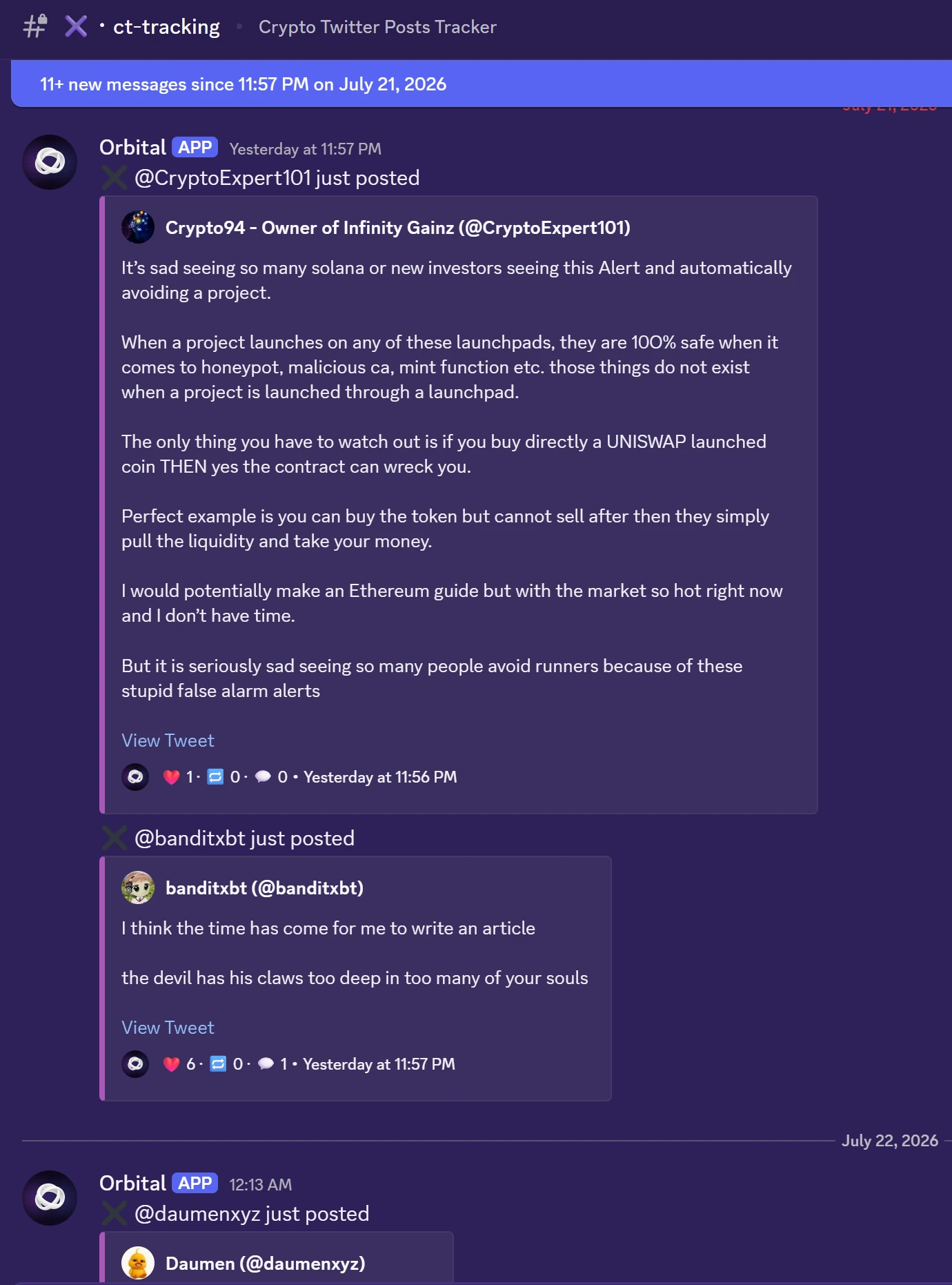 The CT post tracking feed in Discord