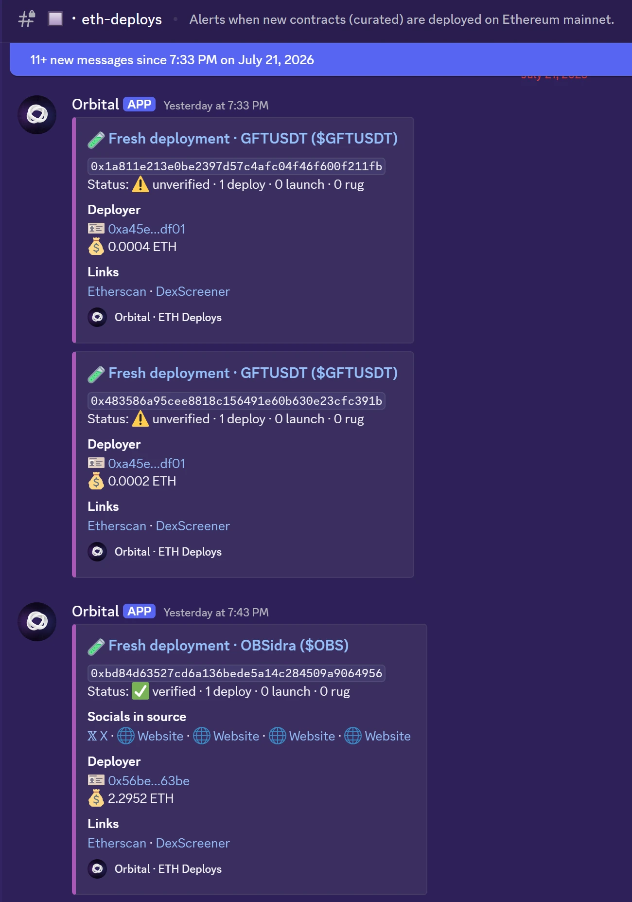 New contract deployment alerts in the eth-deploys channel
