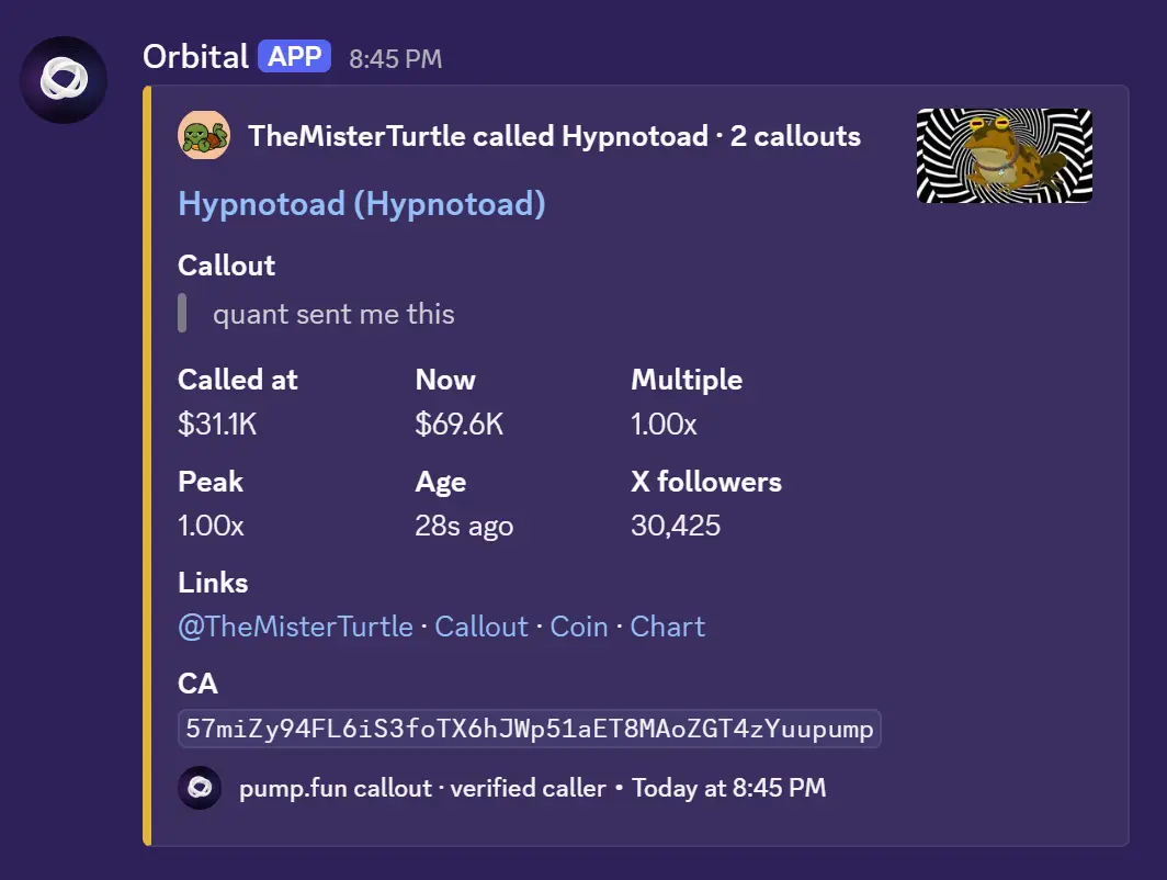 A pump.fun callout posted into a Discord channel