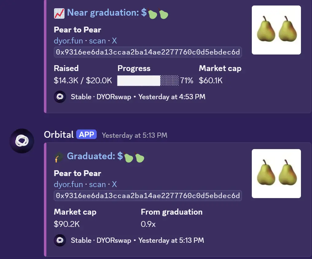 Near-graduation and graduation alerts in the stablechain channel