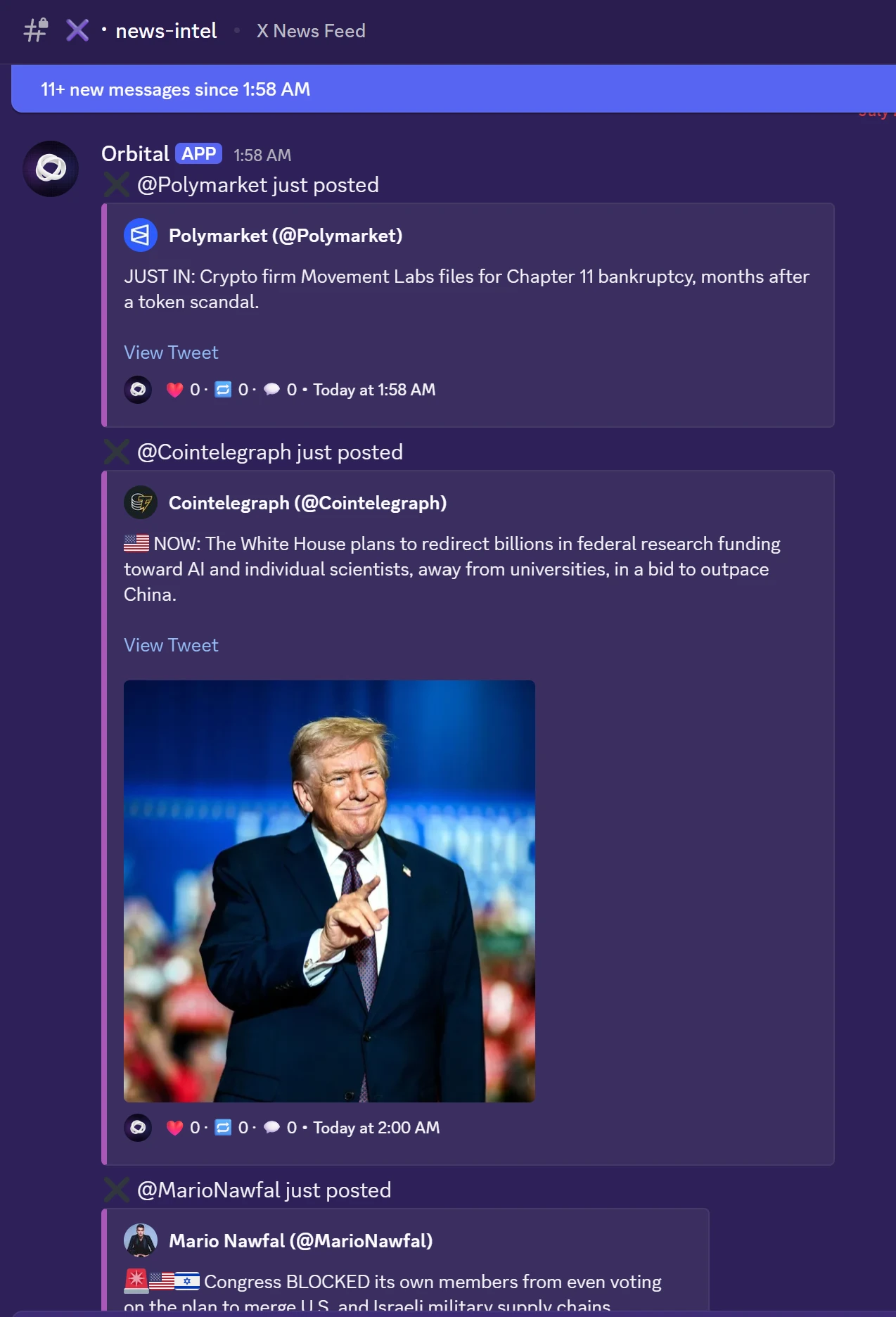 The X news feed in the news-intel Discord channel