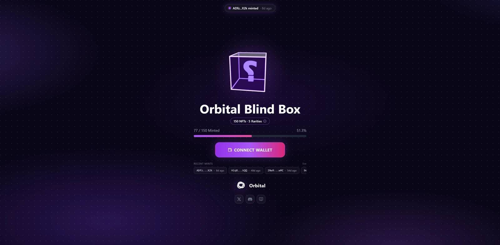 The Orbital Blind Box mint page showing supply, mint progress and the connect wallet button