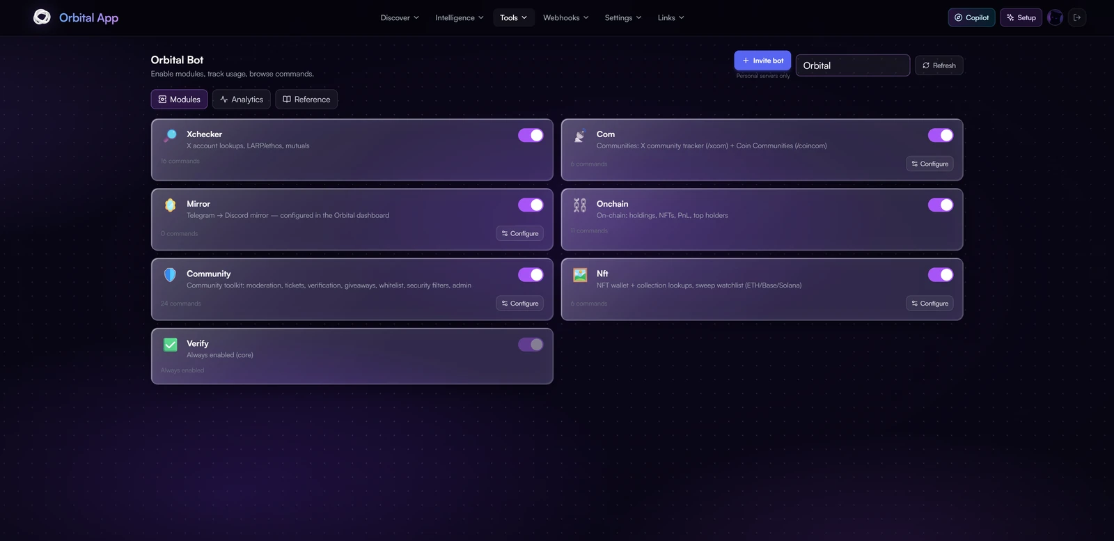 The Orbital Bot control panel in the app