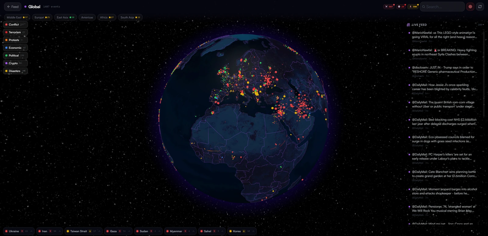 The Global event globe with categories, region filters and the live feed