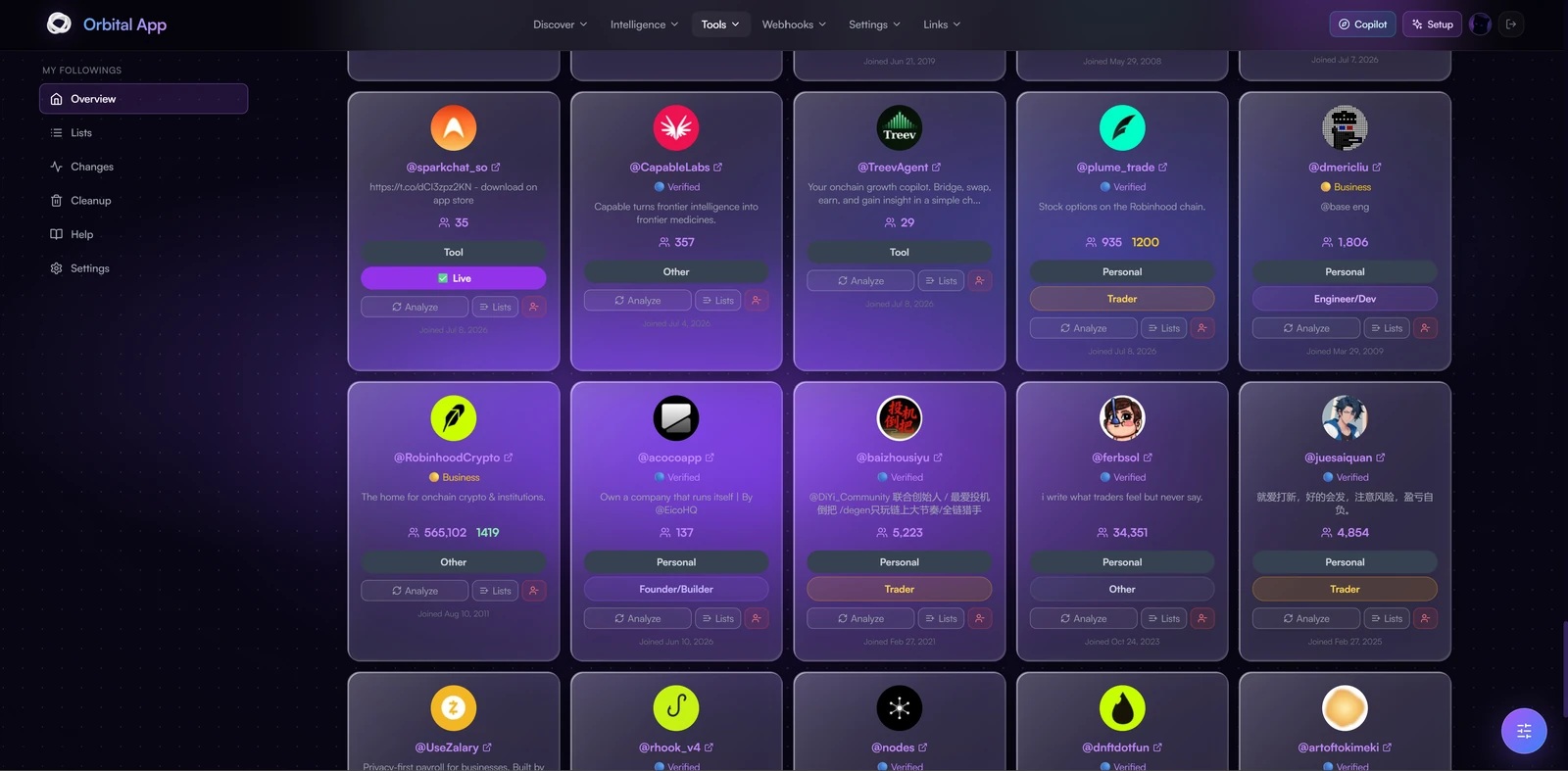 The My Followings manager in the Orbital app