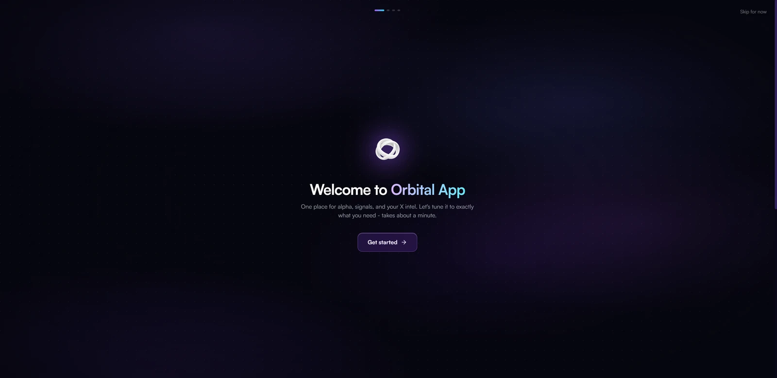 The Orbital app welcome screen at the start of setup