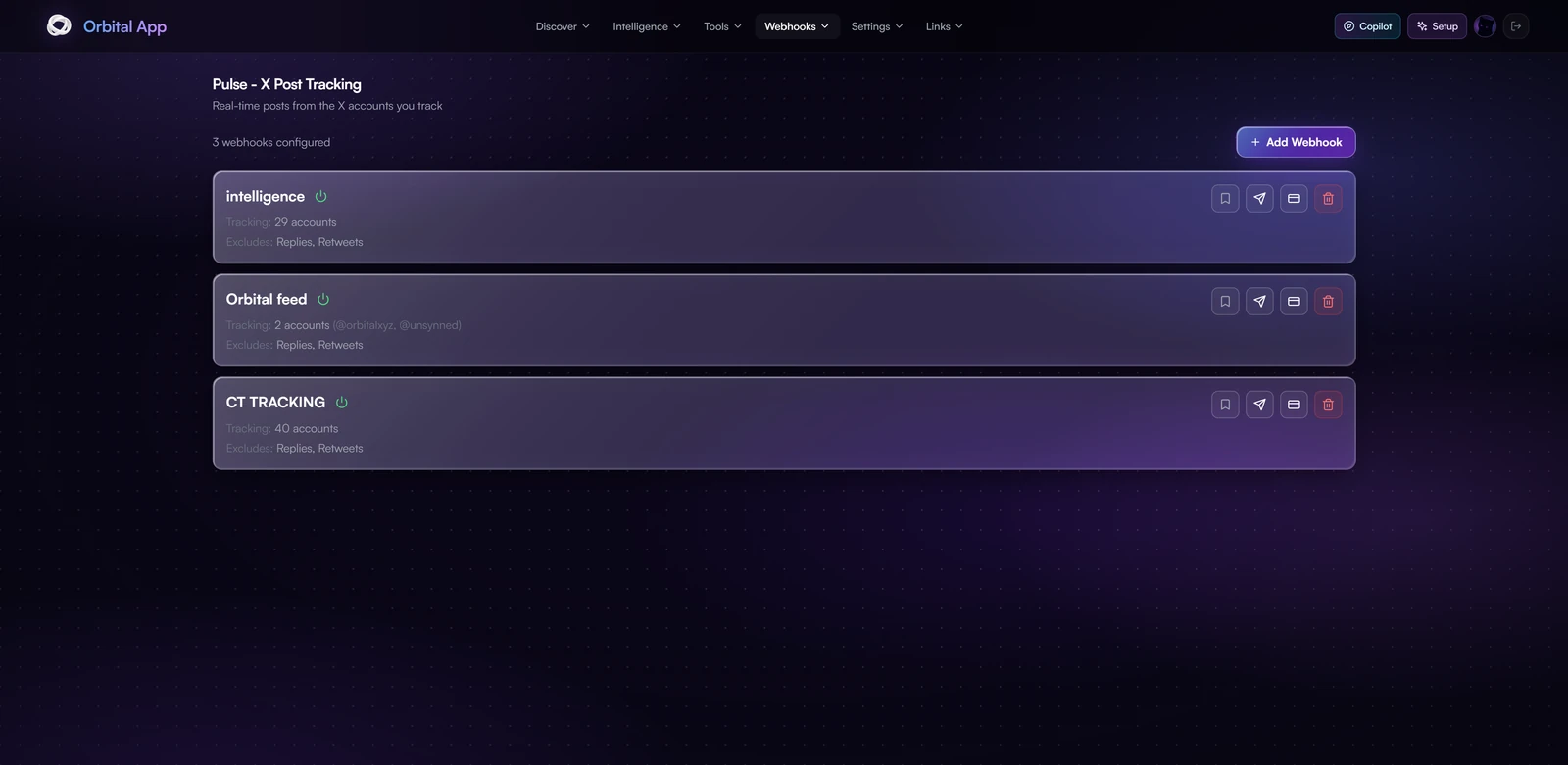 The Pulse X posts webhook manager with its tracked account list