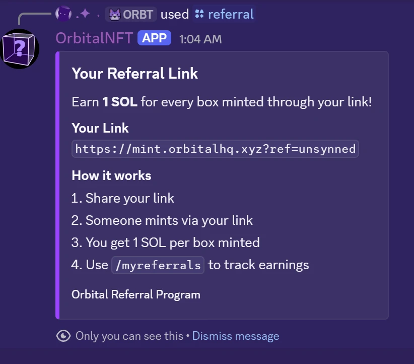 The referral command returning a personal referral link