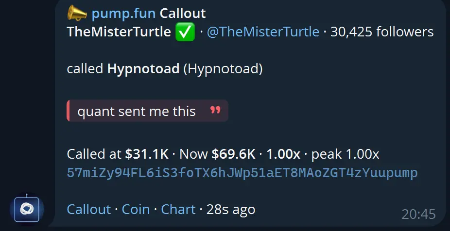 A pump.fun callout delivered as a Telegram DM