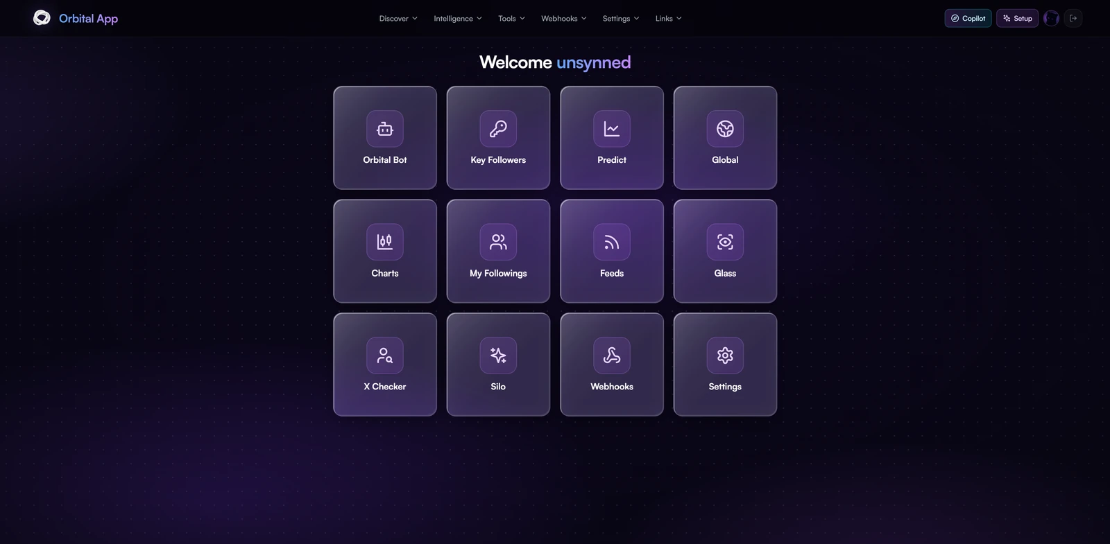 The Orbital app home screen
