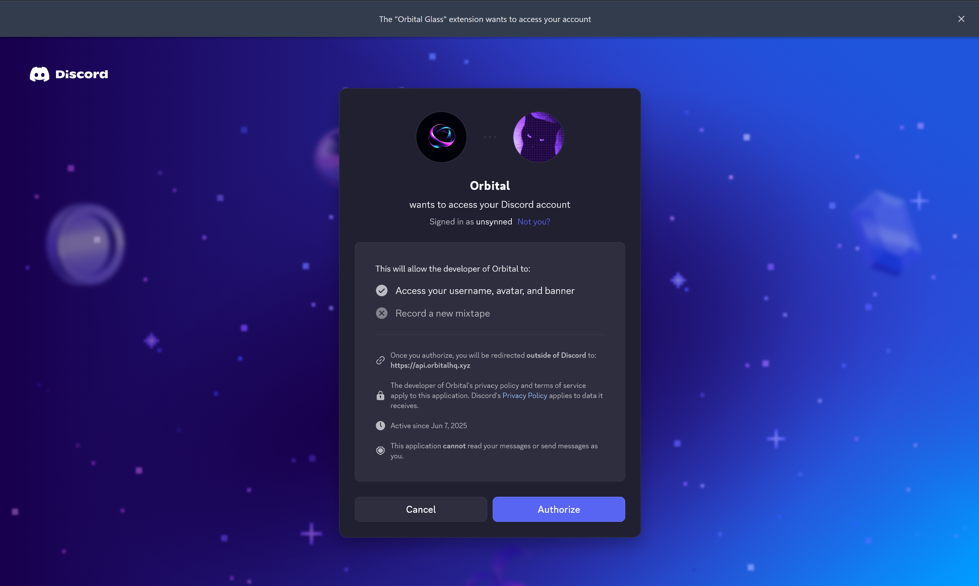 Discord authorization screen for Orbital Glass