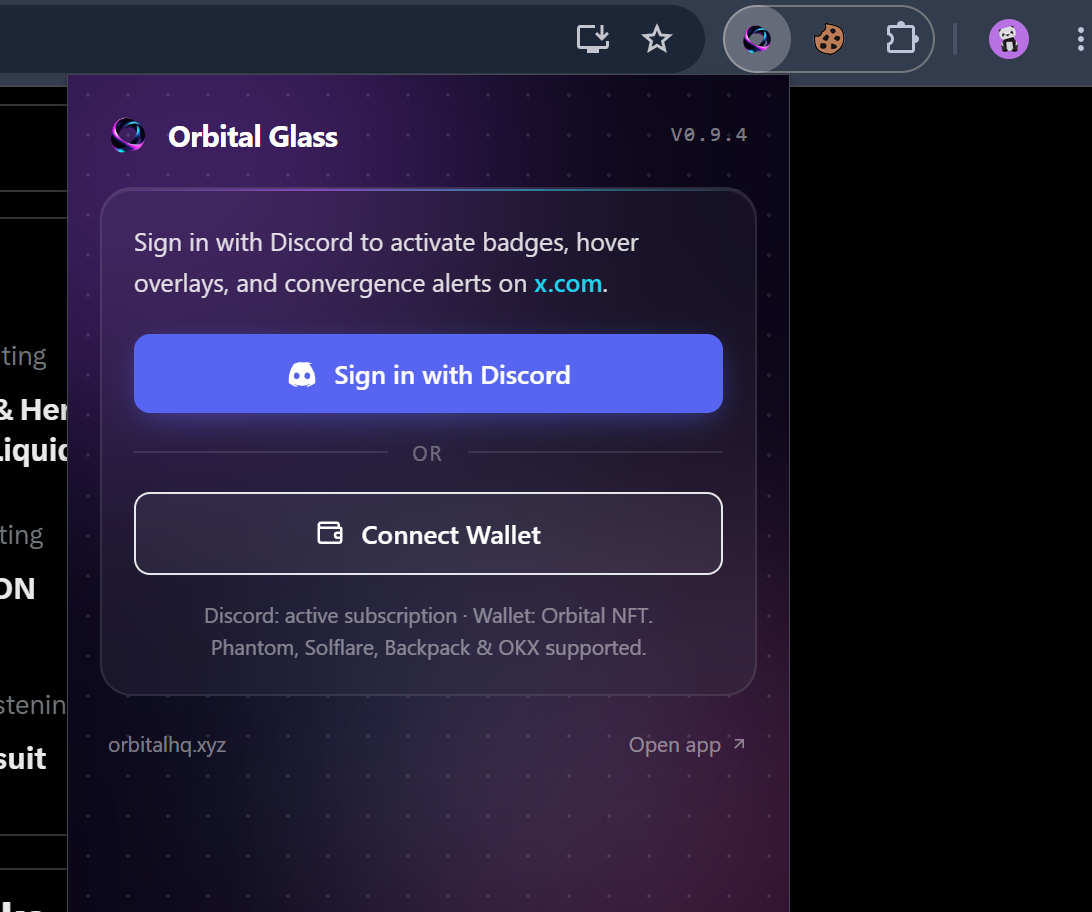 Orbital Glass popup with Sign in with Discord and Connect Wallet